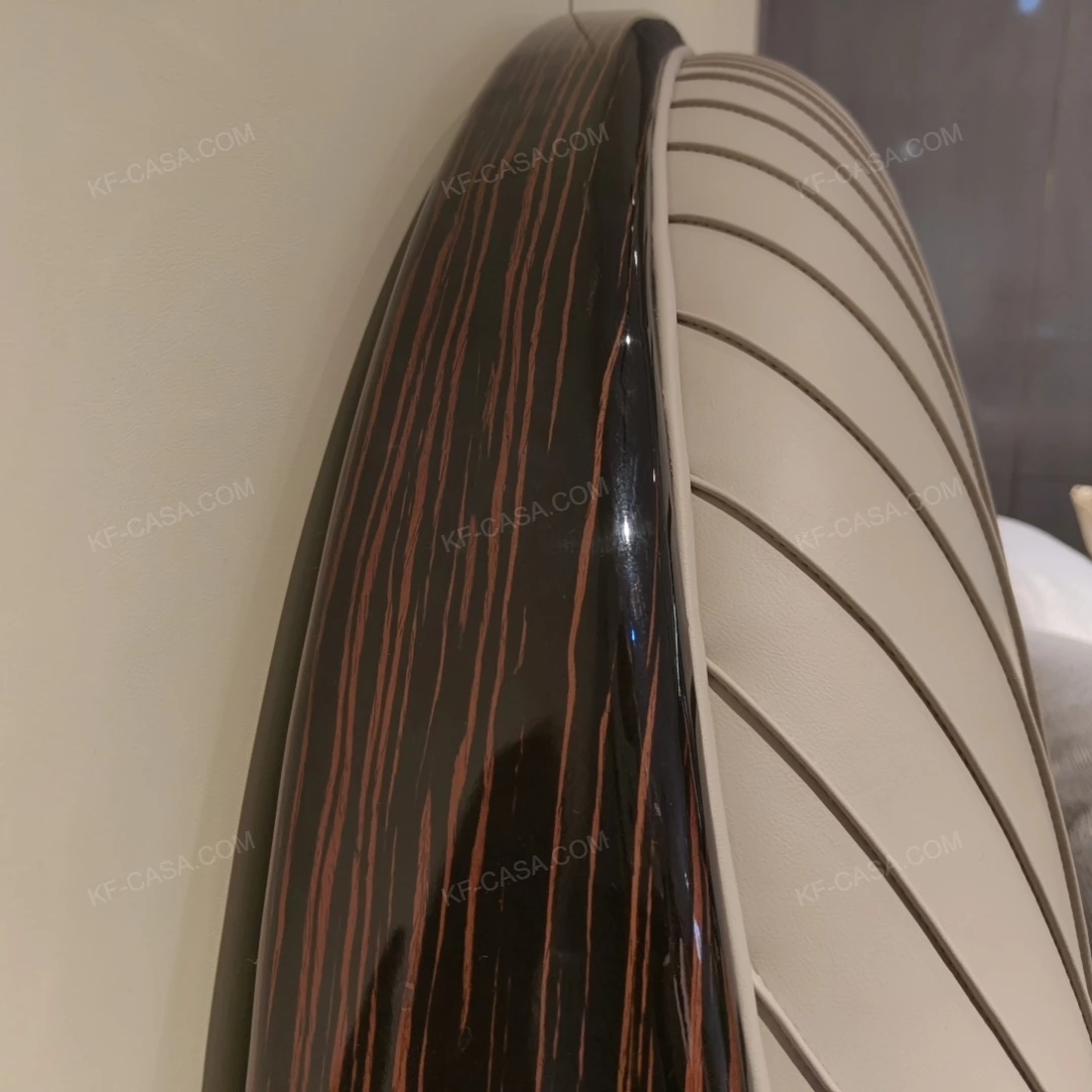 Light Beige Upholstered Bed with Vertical-Striped Headboard, Natural Wood Veneer Trim & Gold Stainless Steel Feet